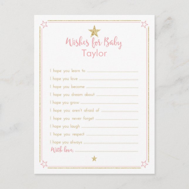 Twinkle Little Star Baby Shower Wishes, Pink Gold Advice Card (Front)