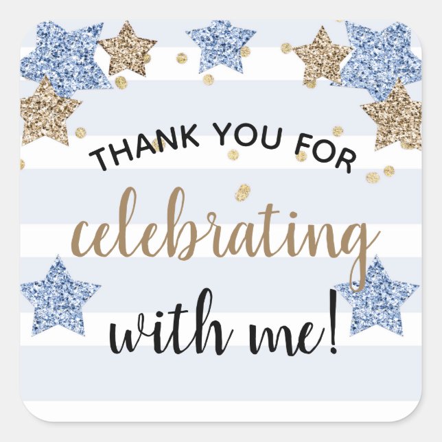 Twinkle Little Star Birthday Boy Blue Gold Square Sticker (Front)