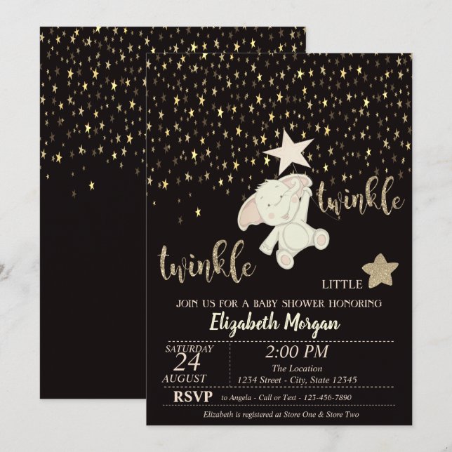 Twinkle Little Star Black,Gold, Bear Baby Shower Invitation (Front/Back)