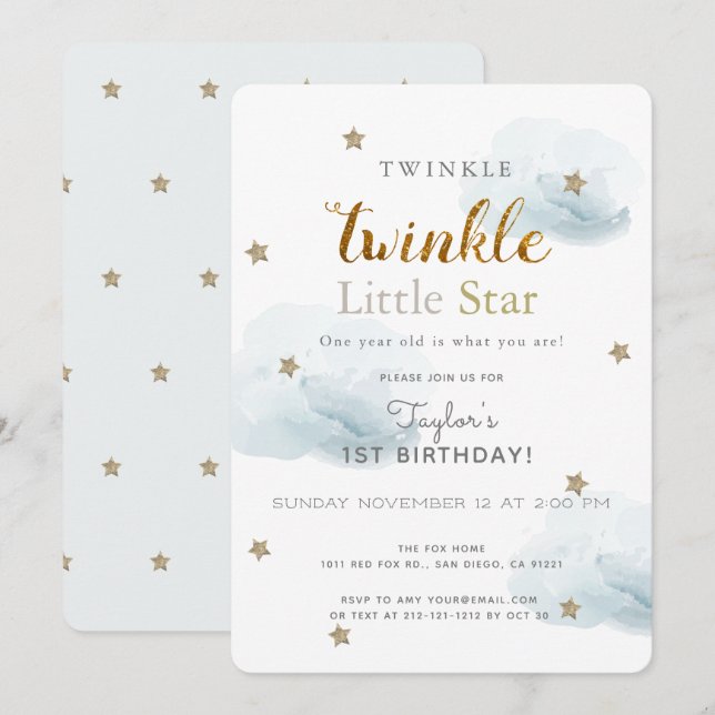 Twinkle Little Star Blue 1st Birthday Invitation (Front/Back)