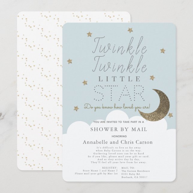 Twinkle Little Star Blue Baby Shower by Mail Invitation (Front/Back)