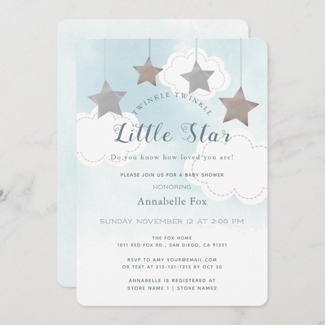 Twinkle Little Star Blue Baby Shower Invitation (Front/Back)