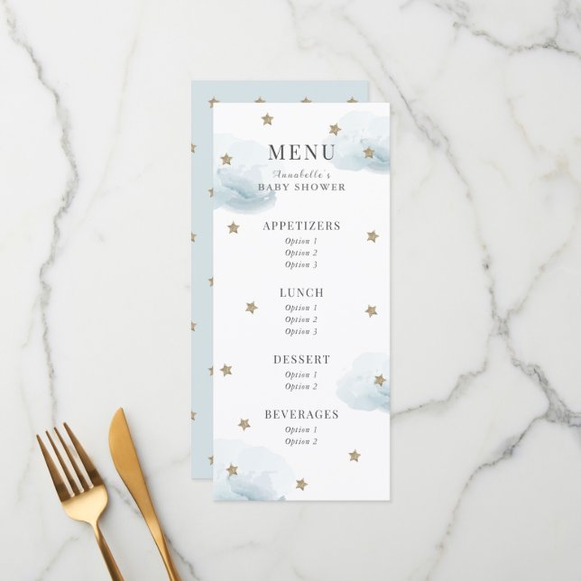 Twinkle Little Star Blue Baby Shower Menu (Front/Back In Situ)