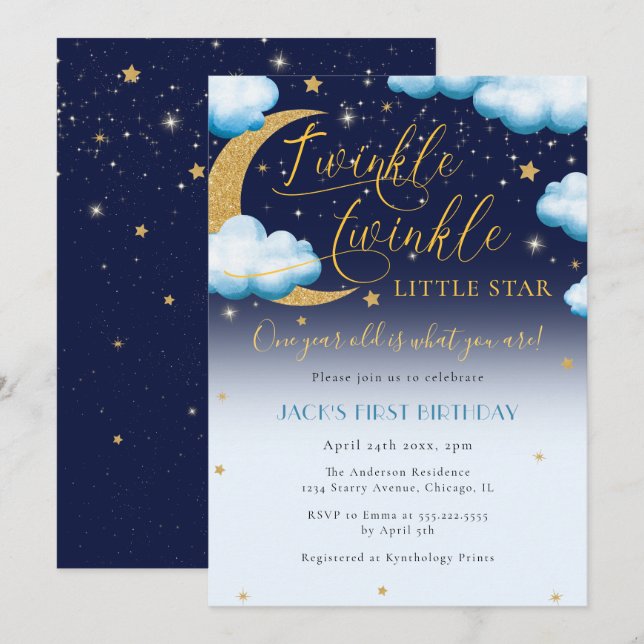 Twinkle Little Star Blue Boy First Birthday Invitation (Front/Back)