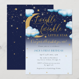 Twinkle Little Star Blue Boy First Birthday Invitation