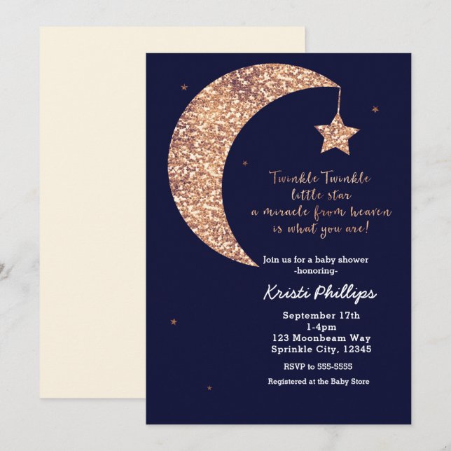 Twinkle Little Star Blue Bronze Moon Baby Shower Invitation (Front/Back)