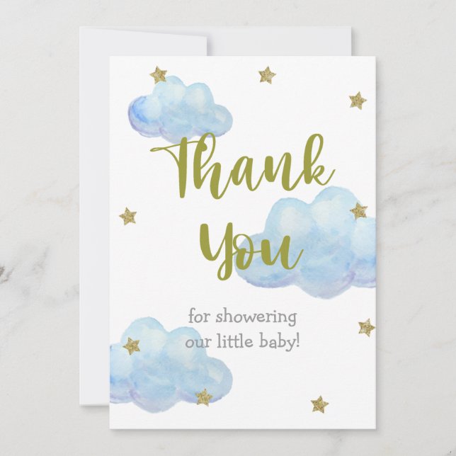 Twinkle Little Star Blue Clouds Baby Shower Thank You Card (Front)