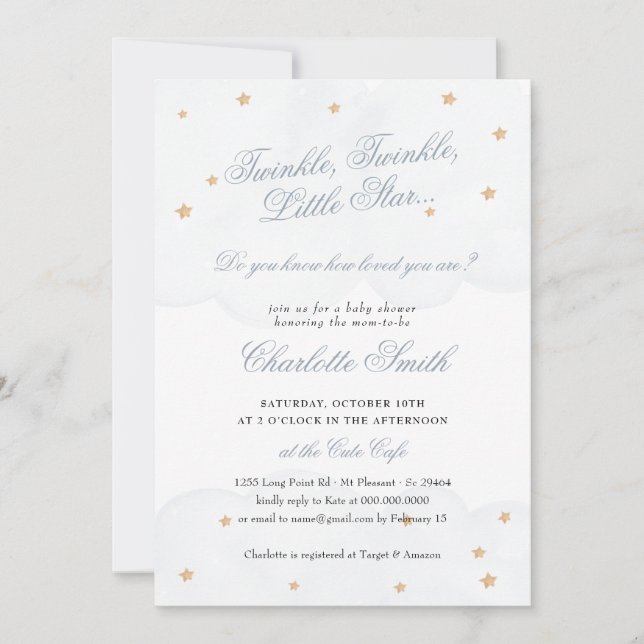Twinkle Little Star Blue Cute Elegant Baby Shower Invitation (Front)