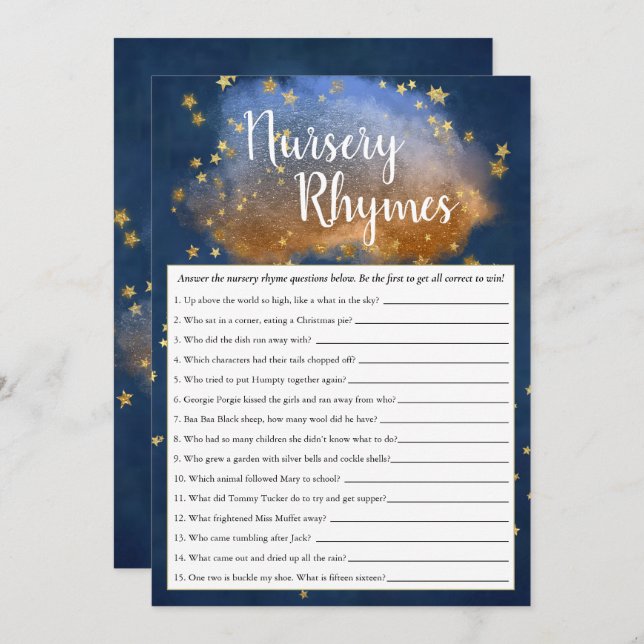 Twinkle Little Star | Blue Gold Nursery Rhyme Quiz Invitation (Front/Back)