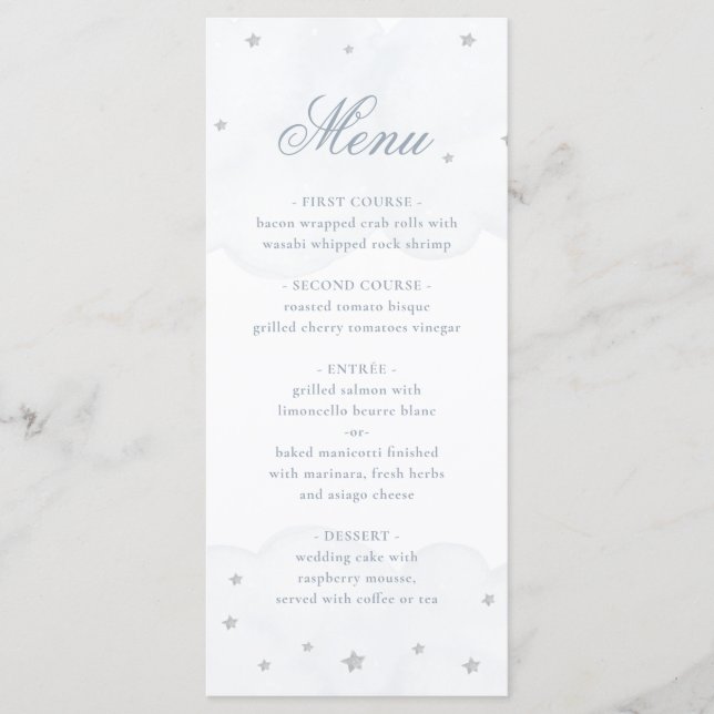 Twinkle Little Star Blue Grey Elegant Baby Shower Menu (Front)