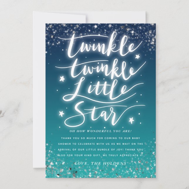 Twinkle Little Star Blue Ombre Baby Shower Thank You Card (Front)