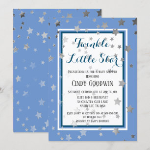 Twinkle Little Star Blue Silver Stars Baby Shower Invitation