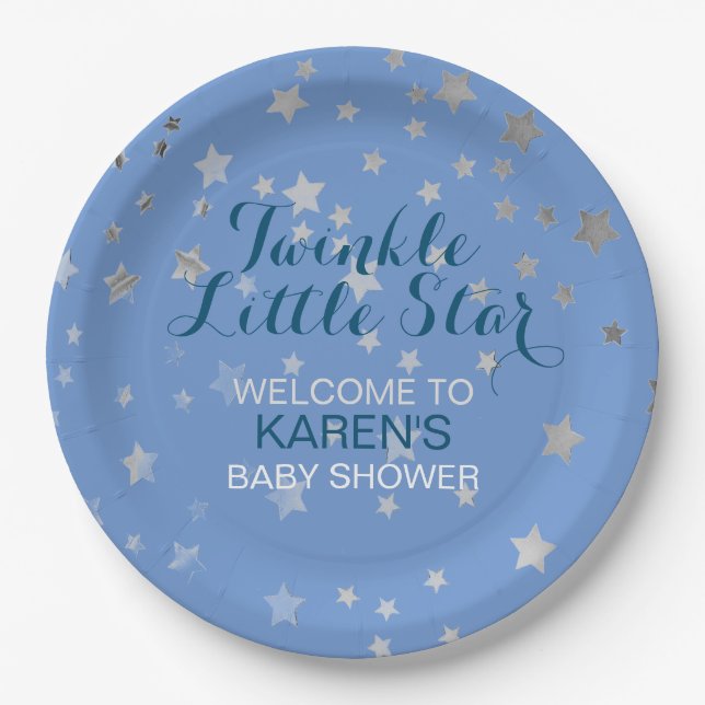 Twinkle Little Star Blue Silver Stars Baby Shower Paper Plate (Front)