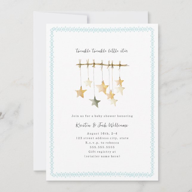Twinkle Little Star Boho Blue Boy Baby Shower Invitation (Front)