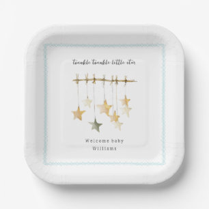 Twinkle Little Star Boho Blue Boy Baby Shower Paper Plate