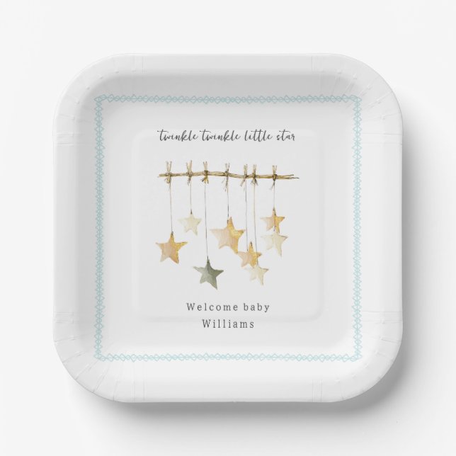 Twinkle Little Star Boho Blue Boy Baby Shower Paper Plate (Front)