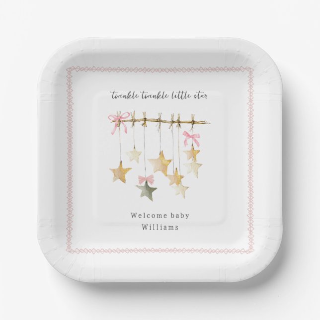 Twinkle Little Star Boho Bows Baby Shower Paper Plate (Front)