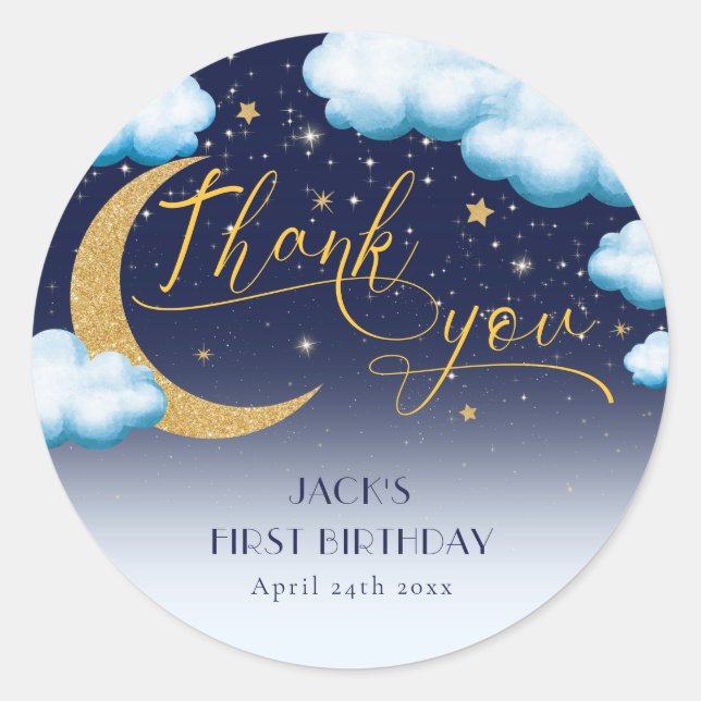 Twinkle Little Star Boy First Birthday Thank You Classic Round Sticker (Front)