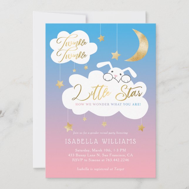 Twinkle Little Star Bunny Gender Reveal Party Invitation (Front)