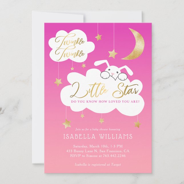 Twinkle Little Star Bunny Pink Baby Shower Invitation (Front)