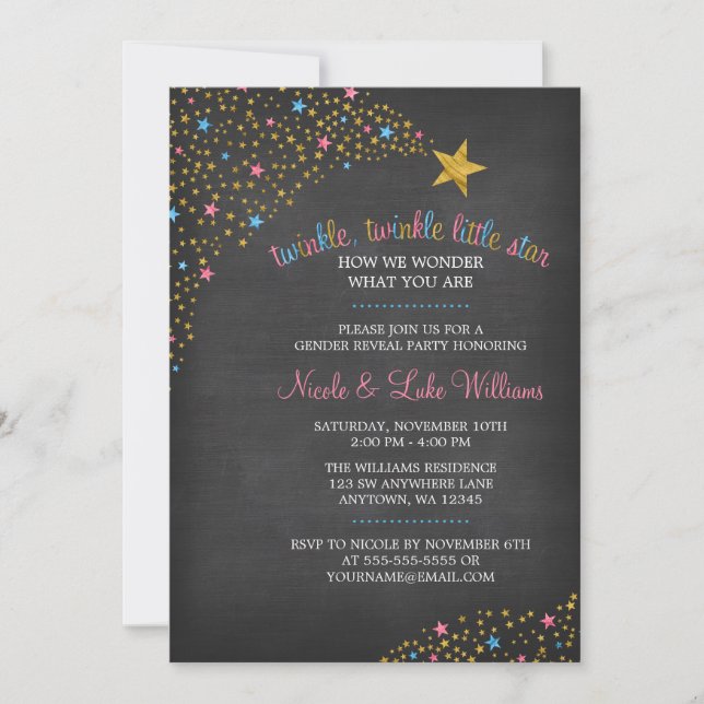 Twinkle Little Star Chalkboard Gender Reveal Party Invitation (Front)