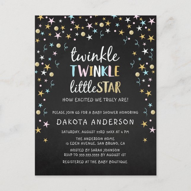 Twinkle Little Star Confetti & Chalk Baby Shower Invitation Postcard (Front)
