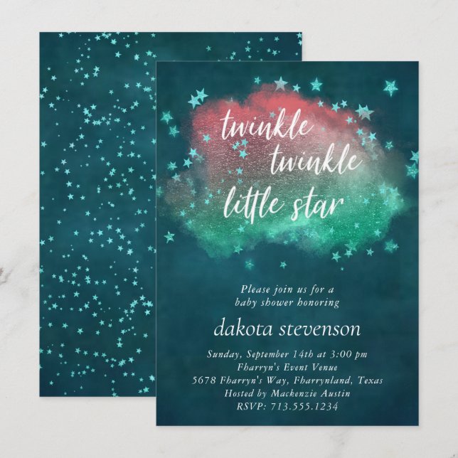 Twinkle Little Star | Dark Teal Coral Mint Green Invitation (Front/Back)