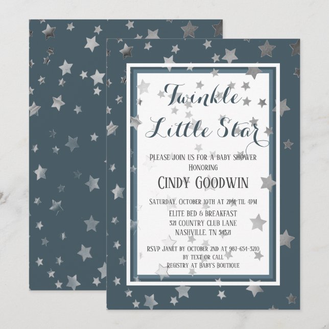 Twinkle Little Star Dusty Blue Boy Baby Shower Invitation (Front/Back)