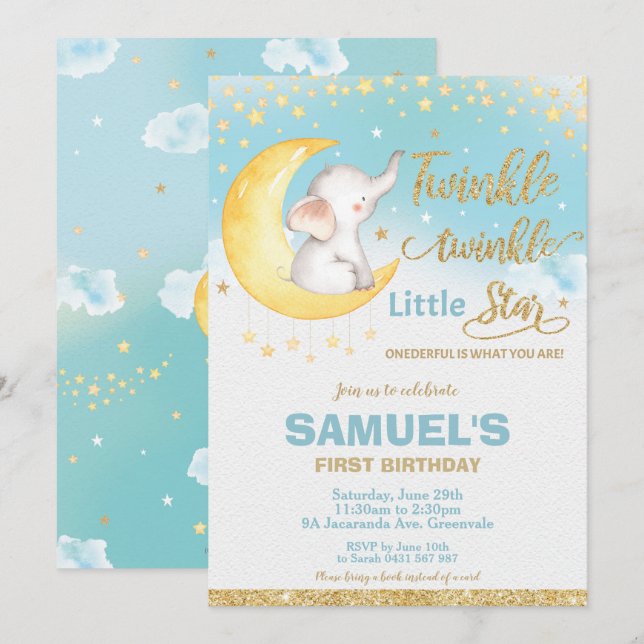 Twinkle Little Star Elephant 1st Birthday Boy Invitation (Front/Back)