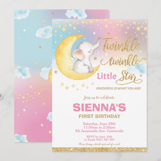 Twinkle Little Star Elephant 1st Birthday Girl Invitation (Front/Back)