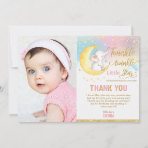 Twinkle Little Star Elephant 1st Birthday Party Thank You Card