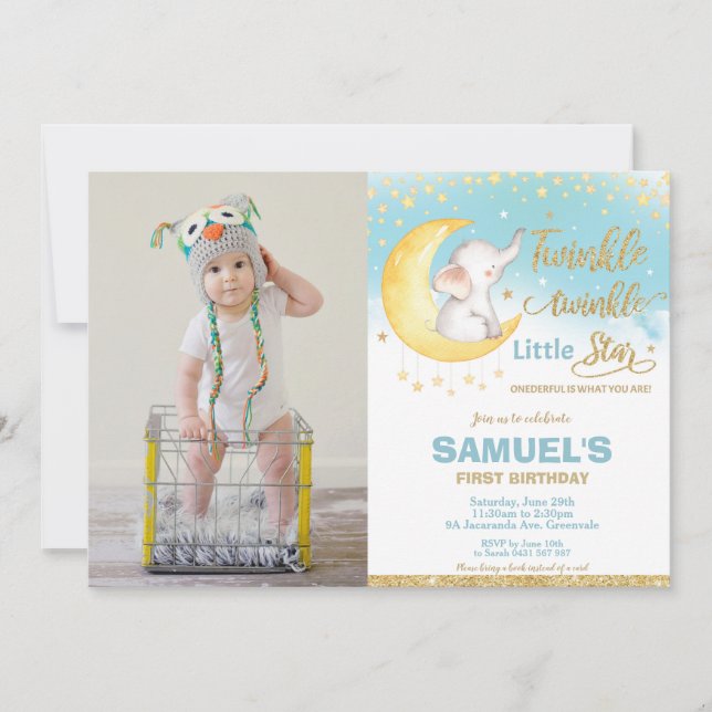 Twinkle Little Star Elephant 1st Birthday  Photo Invitation (Front)