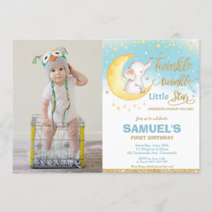 Twinkle Little Star Elephant 1st Birthday  Photo Invitation