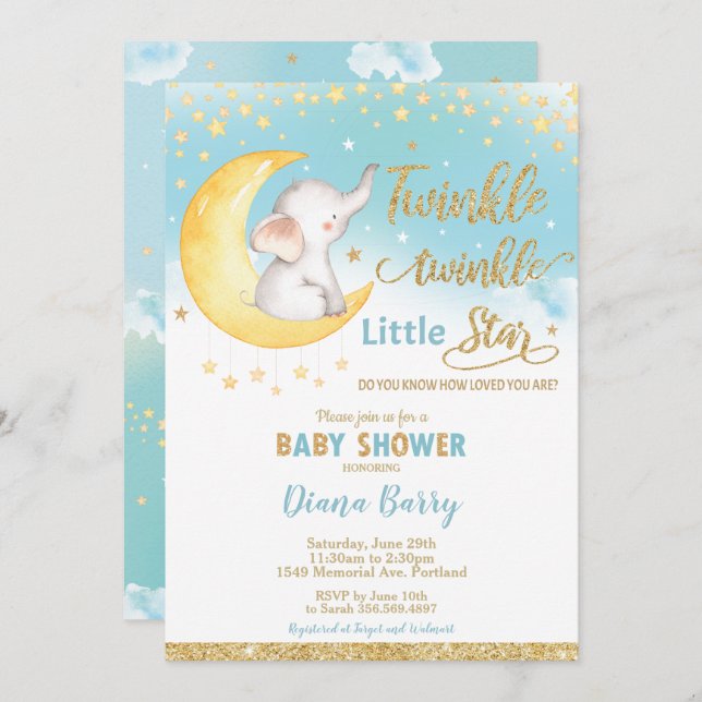 Twinkle Little Star Elephant Baby Shower Boy Invitation (Front/Back)