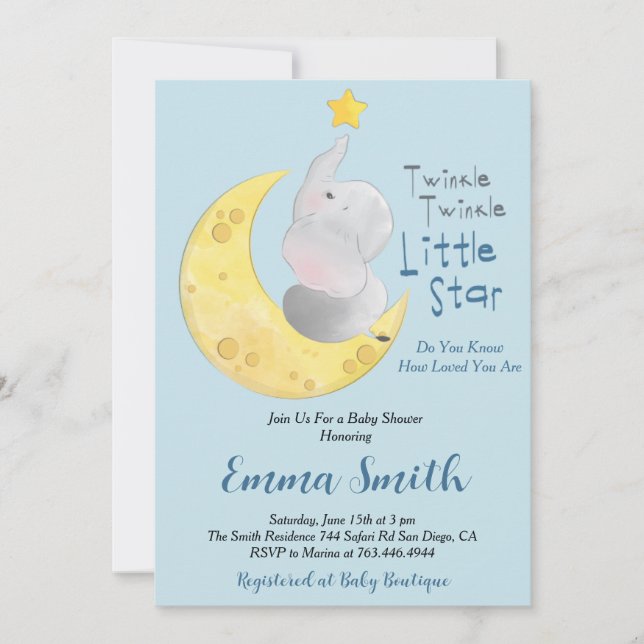 Twinkle Little Star Elephant Baby Shower Invitation (Front)