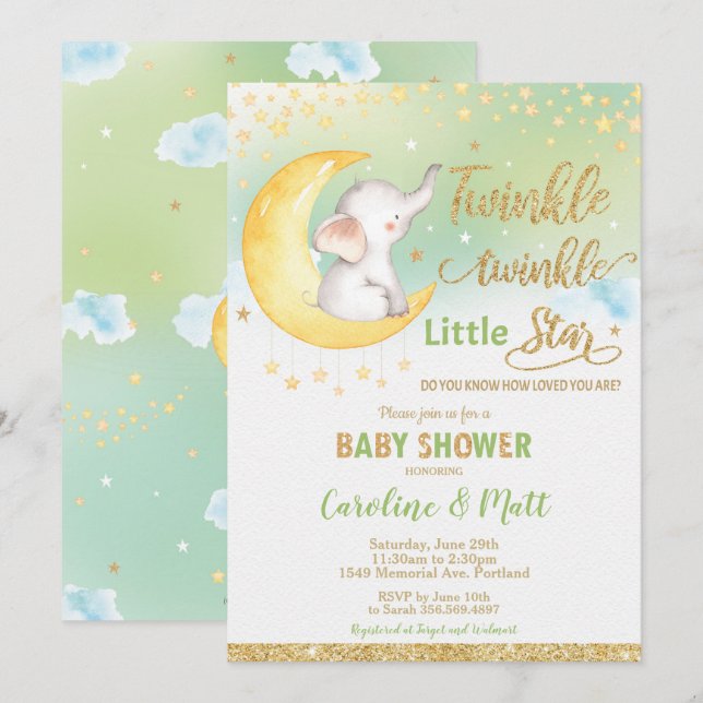 Twinkle Little Star Elephant Baby Shower Neutral Invitation (Front/Back)