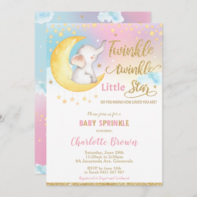Twinkle Little Star Elephant Baby Sprinkle Girl Invitation (Front/Back)
