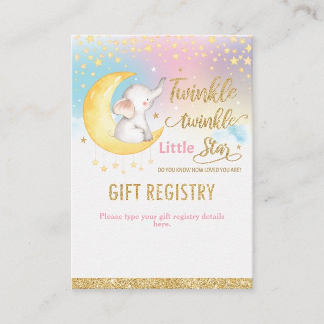 Twinkle Little Star Elephant Girl Gift Registry Enclosure Card (Front)