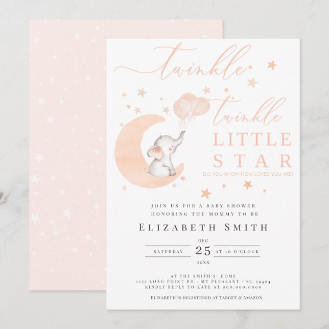 Twinkle Little Star Elephant Peach Baby Shower Invitation (Front/Back)