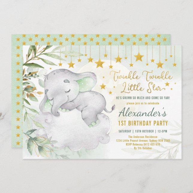 Twinkle Little Star Elephant Wild One 1st Birthday Invitation (Front/Back)