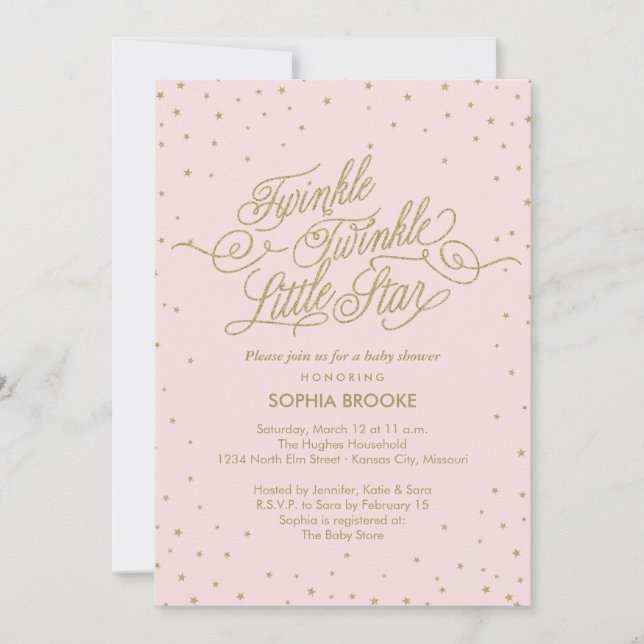 Twinkle Little Star Fancy Gold & Pink Baby Shower Invitation (Front)