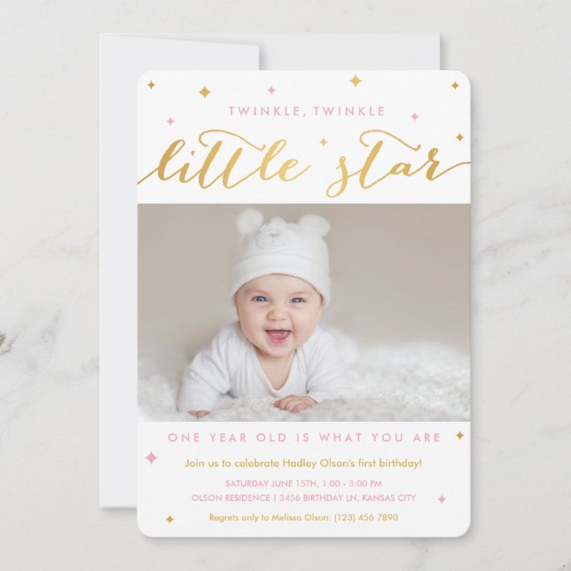 Twinkle Little Star First Birthday Invitation Girl (Front)