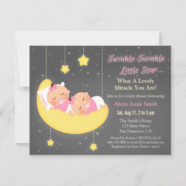 Twinkle Little Star Girl Twins Baby Shower Custom Invitation (Front)