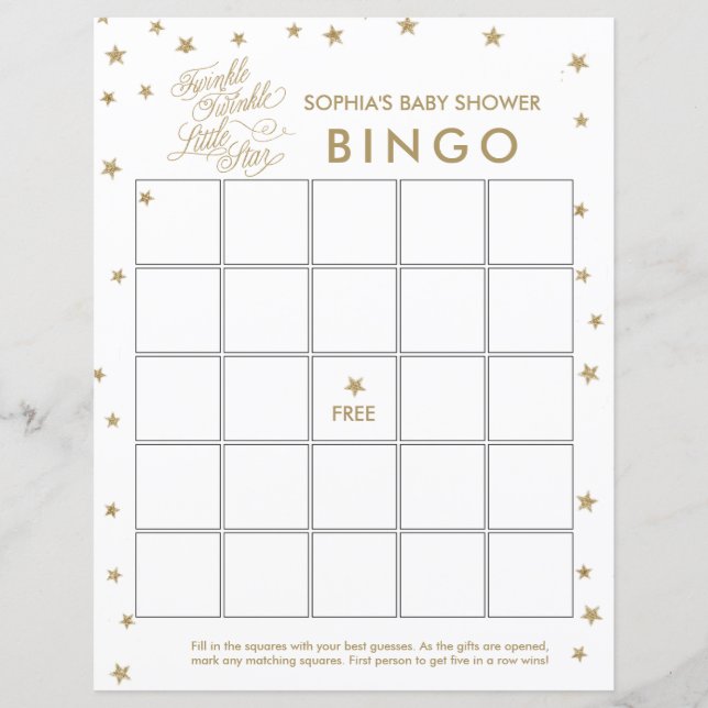 Twinkle Little Star Gold Baby Shower BINGO Game (Front)