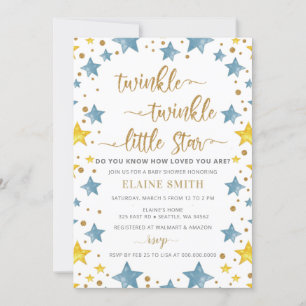 Twinkle little Star Gold Blue Boy Baby Shower  Invitation