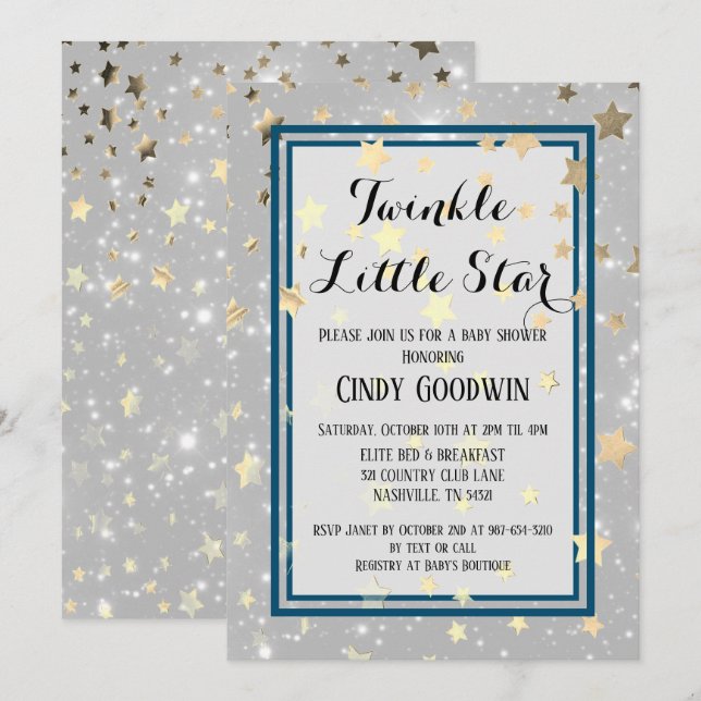 Twinkle Little Star Gold Glitter Baby Shower Invitation (Front/Back)