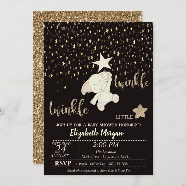 Twinkle Little Star Gold Glitter, Bear Baby Shower Invitation (Front/Back)