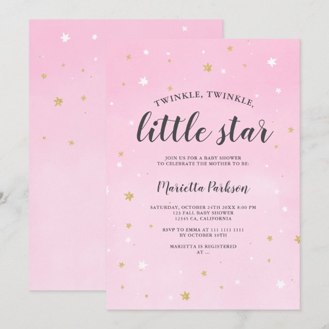 Twinkle little star gold glitter pink baby shower invitation (Front/Back)