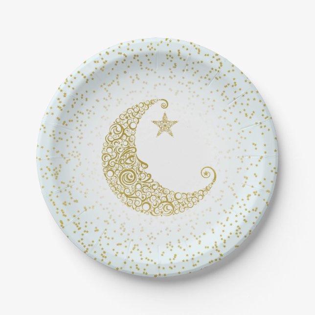 Twinkle Little Star Gold Moon Blue Paper Plate (Front)