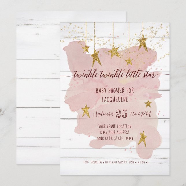 Twinkle Little Star Gold Wood Girl Baby Shower Invitation (Front/Back)